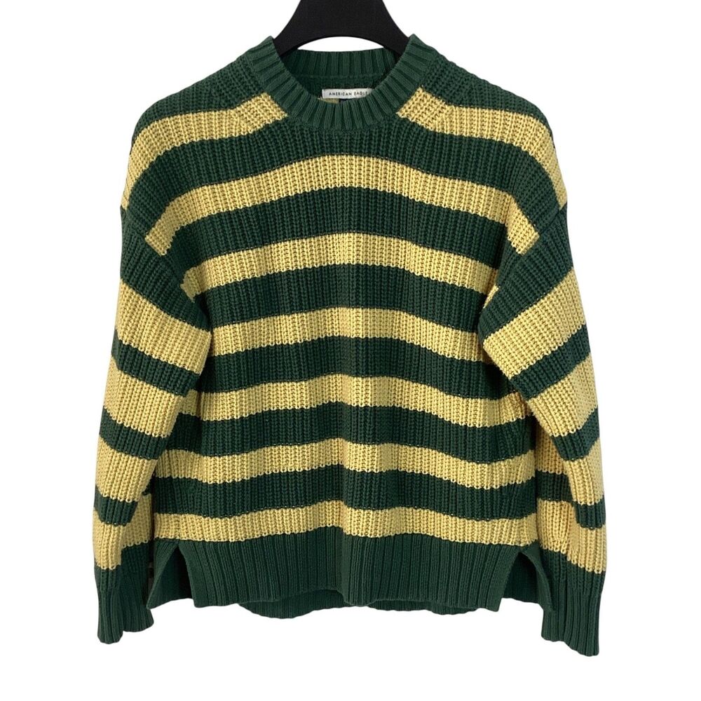 American Eagle Green Yellow Striped Cotton Shaker Knit Crewneck Sweater XS